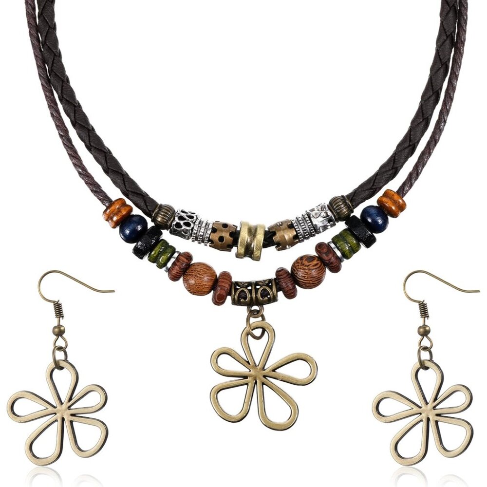 Wood Bead Necklace, Layered Boho Necklace with Hollow Flower Earrings, Braided V